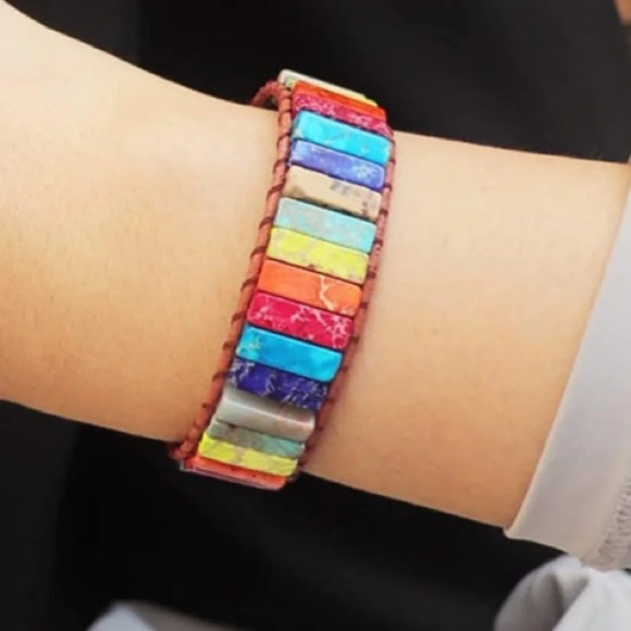 Handmade Bohemian Multi Colored stone leather bracelet. - Picture 4 of 9